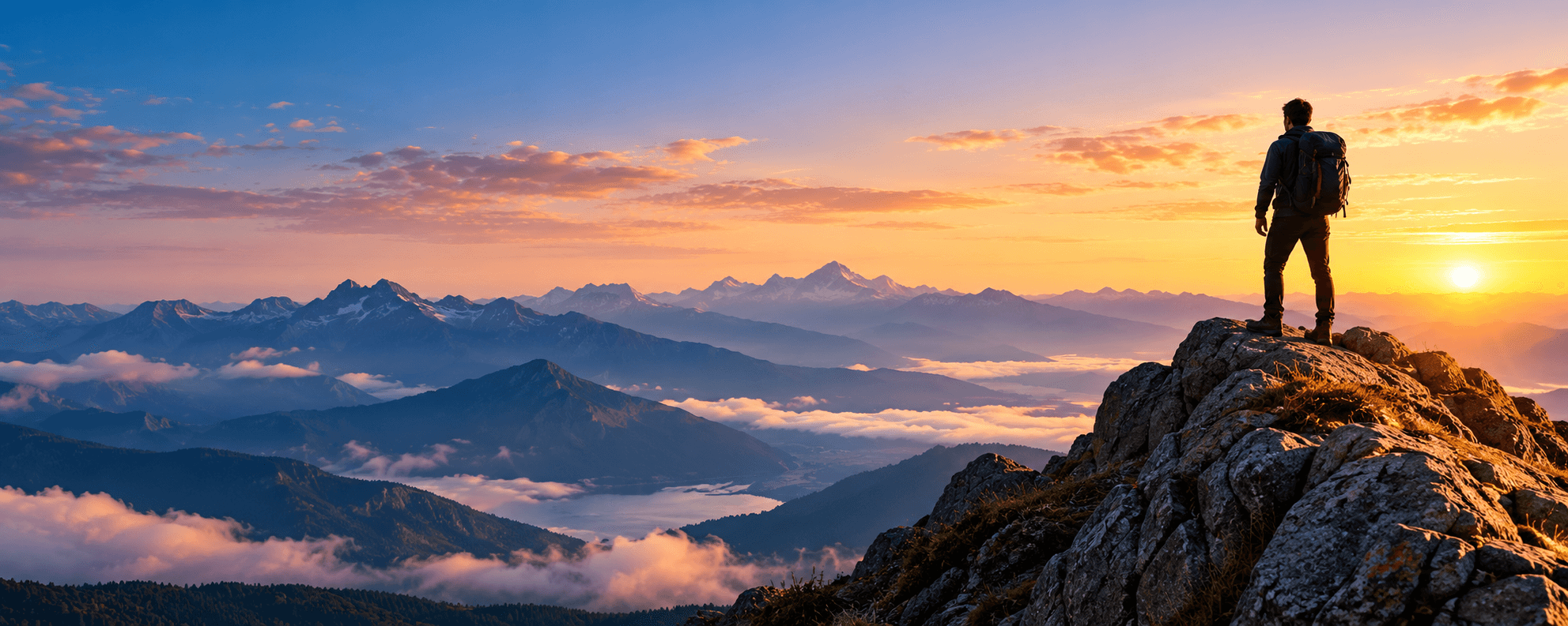Hiker overlooking a mountain range at sunrise