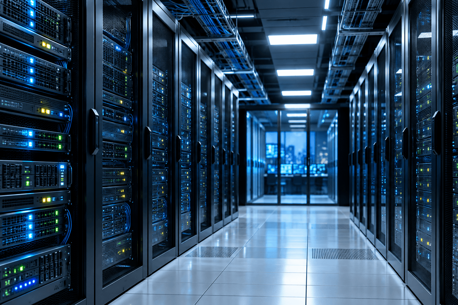 Modern data center corridor with illuminated server racks